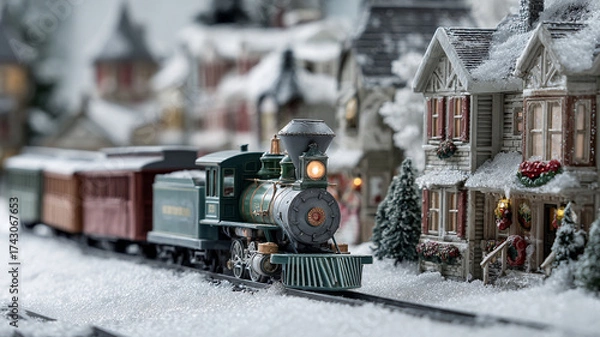 Obraz Festive Christmas train set runs through snowy village, surrounded by charming, snow covered houses adorned with holiday decorations. scene evokes nostalgic and joyful atmosphere