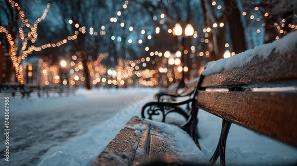 Obraz Snow covered bench in park with festive lights creates serene winter scene, evoking sense of tranquility and holiday spirit