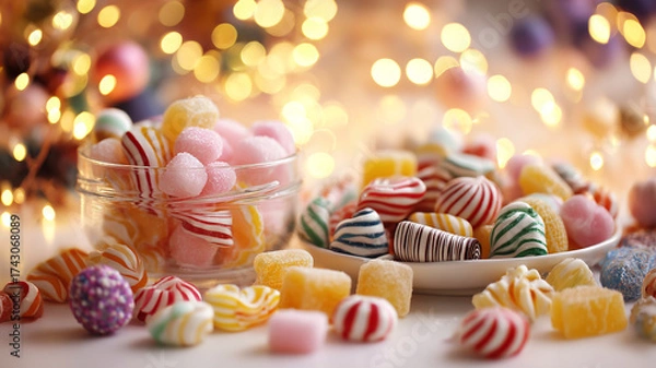 Obraz Delightful assortment of colorful Christmas candies, including striped and sugar coated varieties, is displayed in glass jar and on plate, with festive lights in background