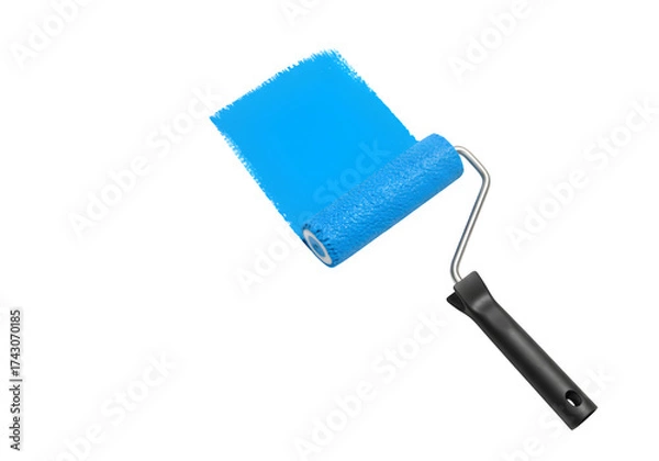 Fototapeta Paint roller with a long, vibrant blue paint stroke. Ideal for DIY, home renovation, or artistic design projects. Isolated on white or transparent background. PNG format.