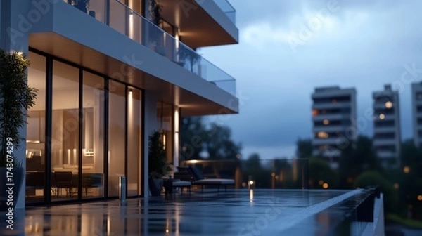 Fototapeta Exploring luxury living in a modern residential building urban setting real estate photography evening atmosphere close-up perspective ultimate comfort concept