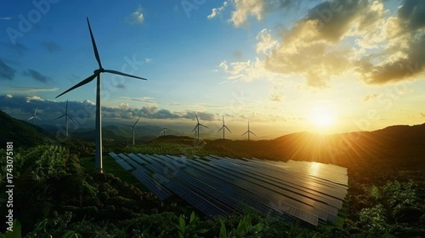 Fototapeta Renewable energy action wind turbines and solar panels at sunset scenic landscape eco-friendly technology nature's beauty inspirational view