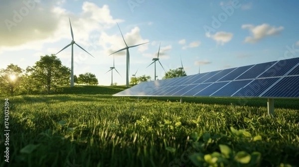 Fototapeta Harnessing renewable energy wind and solar farms in a green landscape nature photography serene environment aerial view sustainability concept