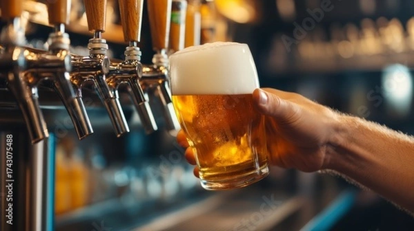 Obraz Pouring a fresh draft beer local bar beverage photography cozy atmosphere close-up shot celebrating good times