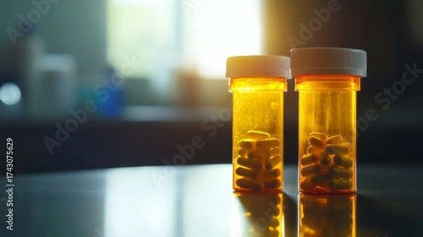 Obraz Pharmaceutical bottles on kitchen counter prescription medication domestic setting warm lighting close-up view health and wellness concept