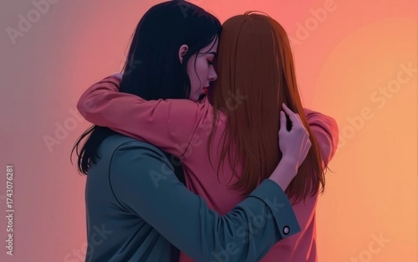 Fototapeta two woman hugging, behind view. Generative AI. High quality