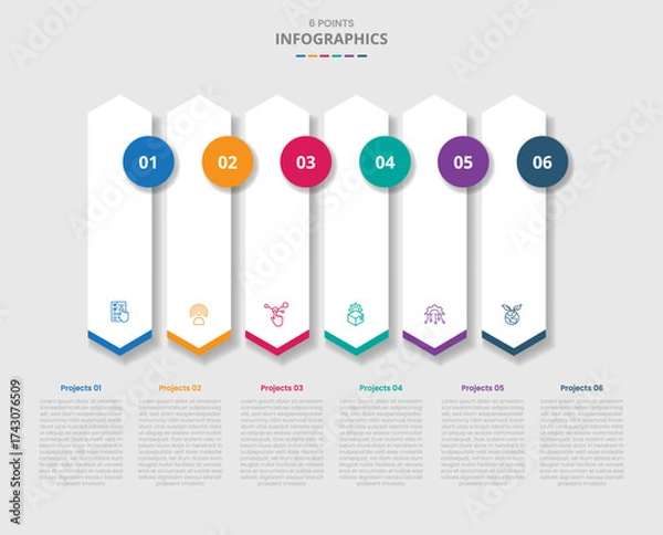 Fototapeta 6 points template infographic with vertical hexagon arrow box vertical on horizontal list with drop shadow style with three stage list information