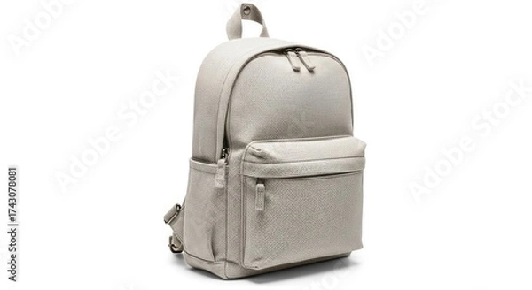 Fototapeta A light gray backpack with a woven texture featuring multiple zippered compartments and a top loop handle presented against a white background