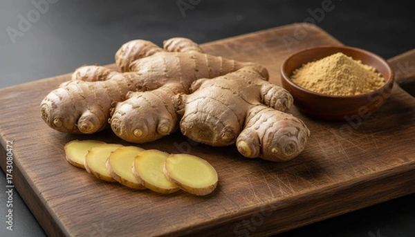 Fototapeta A rustic still life of fresh ginger root, with some sliced and some ground into powder, arranged on a wooden cutting board.
