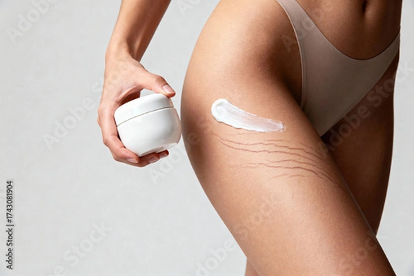 Fototapeta Close-up of woman's thigh with visible stretch marks applying white cream from a jar, illustrating skin care, body positivity, and dermatology.