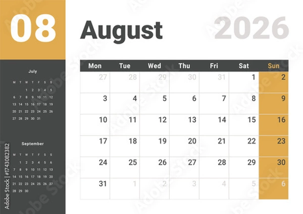 Fototapeta Monthly page Calendar Planner Template design of August 2026. Vector layout of calendar with week start Monday for Scheduling. Page for size A4 or 21x29.7 cm