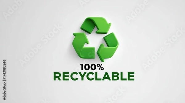 Fototapeta 100% recyclable logo with green arrows on white background eco friendly and sustainable design.