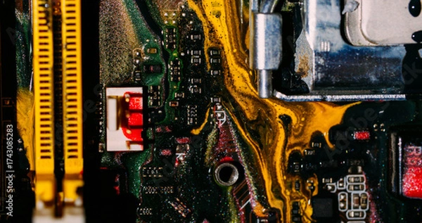 Fototapeta Ink flow. Digital hardware. Blur yellow green red colorful glitter water dark black electronic microchip on abstract art background.