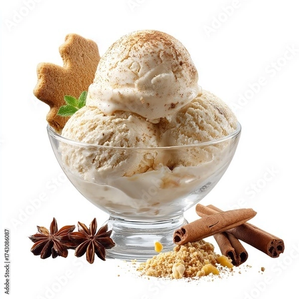 Fototapeta Ice cream scoops in a glass bowl with spices and a gingerbread cookie on a white background close up