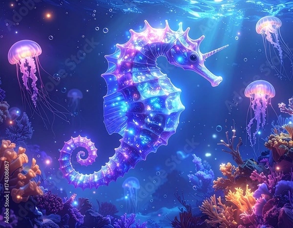Fototapeta A surreal digital illustration of a glowing seahorse swimming through a dreamlike underwater world filled with floating jellyfish, jellyfish under water