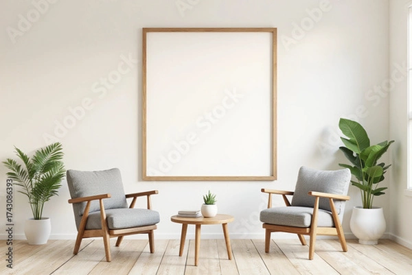 Fototapeta  wall background design with empty frame and interior design of chairs and tables. 3d rendering.