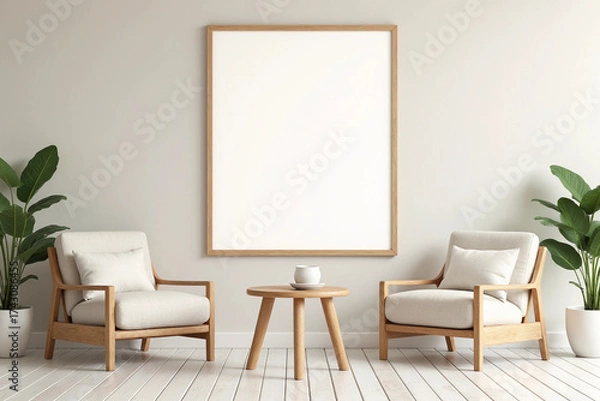 Fototapeta  wall background design with empty frame and interior design of chairs and tables. 3d rendering.