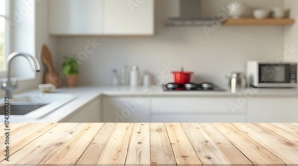 Obraz Bright modern kitchen scene with clean countertops, sink, stove, and microwave, ready for your culinary creations or lifestyle shots