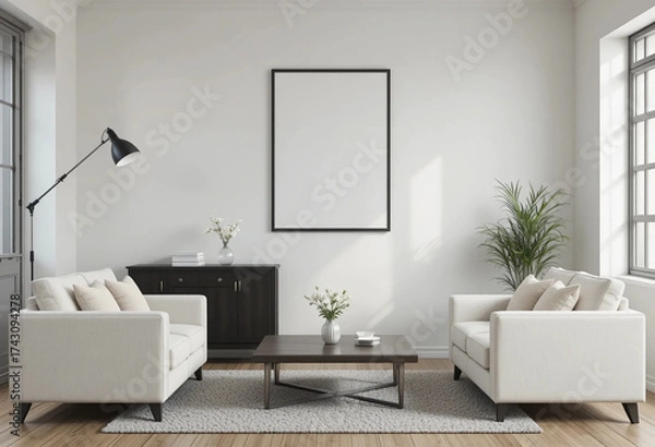 Fototapeta Cozy interior of living space with two white sofas, black wooden cabinet close to flooring lamp and mock up poster frame. 3d rendering.