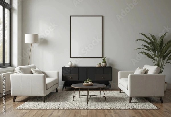 Fototapeta Cozy interior of living space with two white sofas, black wooden cabinet close to flooring lamp and mock up poster frame. 3d rendering.