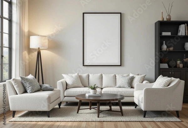 Fototapeta Cozy interior of living space with two white sofas, black wooden cabinet close to flooring lamp and mock up poster frame. 3d rendering.