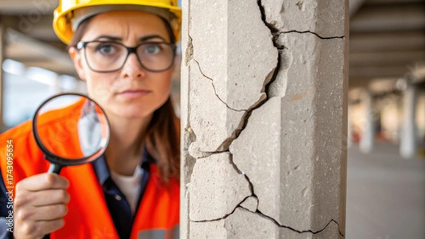 Obraz Female engineer inspects cracked concrete column with magnifying glass showing construction problem solving focus and concern
