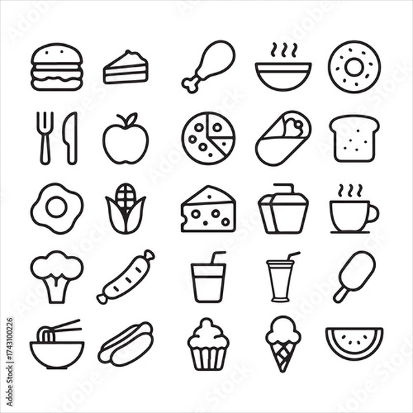 Obraz Fast food icons set, black outline style.