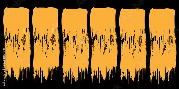 Fototapeta 6 vertical pieces of orange adhesive tape isolated on a black background