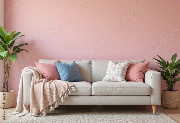 Fototapeta Cozy sofa with cushions and blanket near pink wall. Front view. 3d rendering.