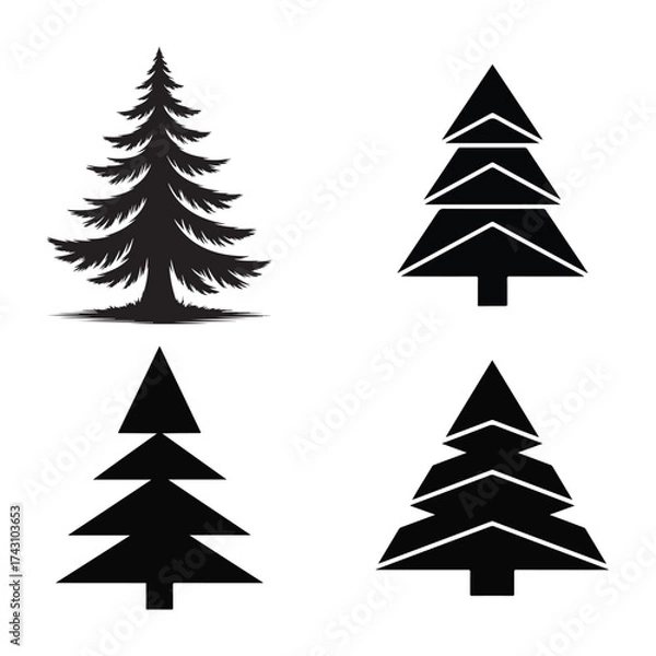 Fototapeta Minimalist black Christmas tree silhouette set for modern holiday design and decoration