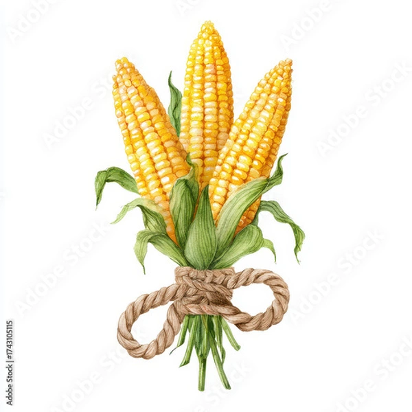 Fototapeta Three fresh corn cobs with green leaves are tied together with rustic rope, symbolizing harvest and farm life, isolated on white background