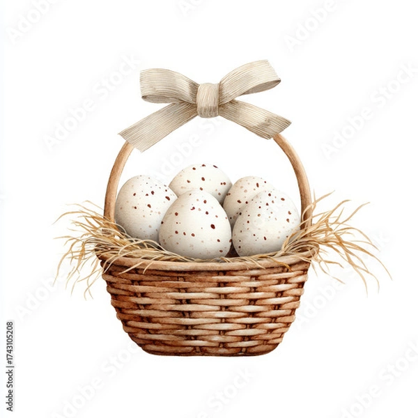 Fototapeta Wicker basket speckled egg straw rustic watercolor bow natural decoration farm spring Wicker basket with speckled eggs and straw decorated with bow rustic watercolor style natural and charming