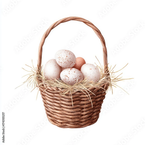 Fototapeta Wicker basket with straw and speckled eggs, rustic style, natural color, farmhouse decor, spring celebration, cozy and inviting mood