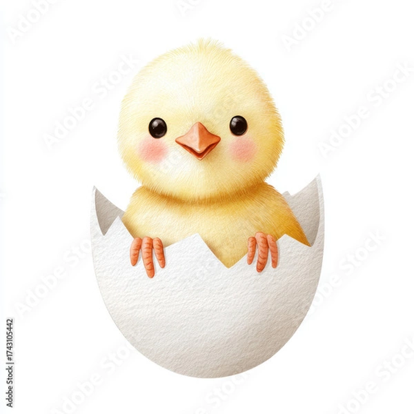 Fototapeta Cute yellow chick with fluffy feathers and pink cheeks hatching from white eggshell on farm, isolated on white background, symbolizing spring, innocence and new beginnings