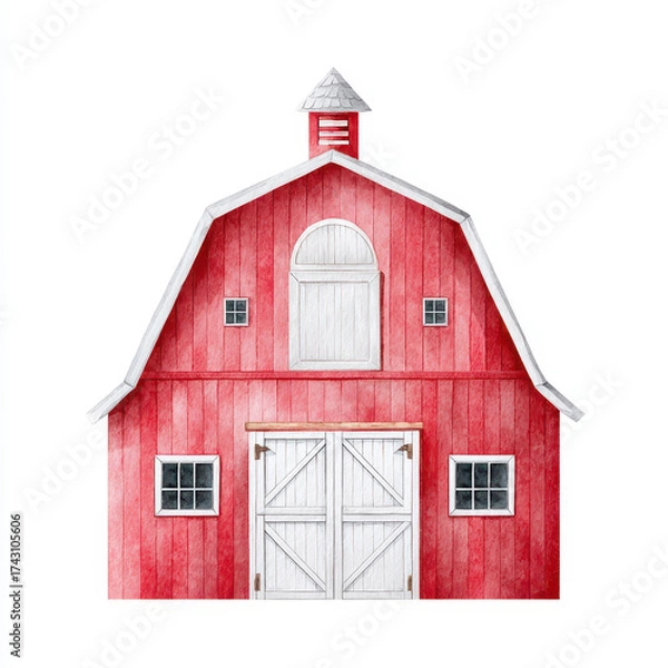 Fototapeta Watercolor red barn with white doors, rustic wooden siding, classic farm building, countryside architecture, peaceful rural scene, charming and nostalgic