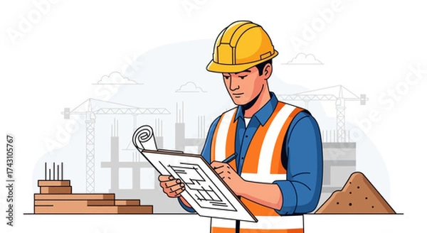 Fototapeta Construction Worker Reviewing Blueprint on Site.