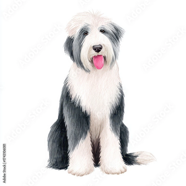 Fototapeta Watercolor sheepdog sitting with tongue out, fluffy fur, black and white coat, isolated on white background, friendly and calm expression, farmhouse pet illustration