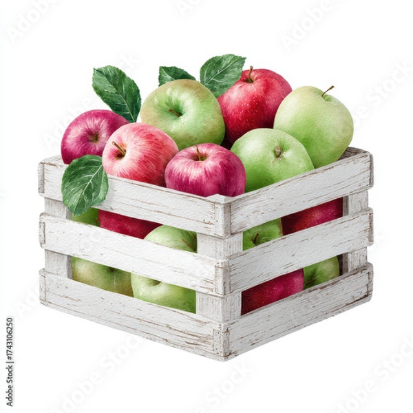 Fototapeta Fresh farm apples in rustic wooden crate with green leaves, showcasing mix of red and green fruit, perfect for harvest, organic produce, and healthy eating concepts