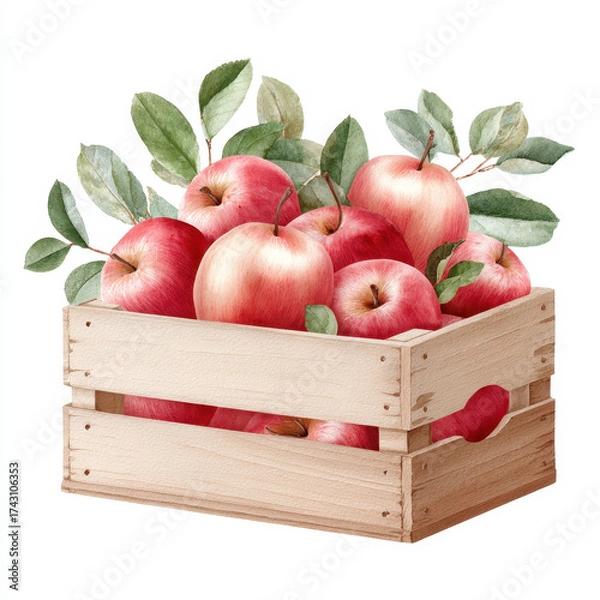 Fototapeta Fresh red apple with green leaf in wooden crate from farm, natural fruit harvest with rustic style, healthy food and organic produce, vibrant and inviting for autumn season