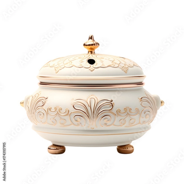 Fototapeta Ornate white and gold lidded bowl on a black background