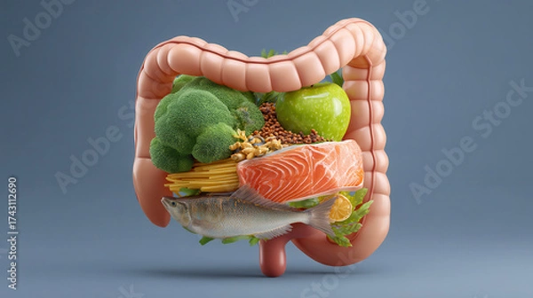 Fototapeta Healthy food such as broccoli apple fish salmon pasta and nuts inside human digestive system model representing nutrition gut health and balanced diet concept