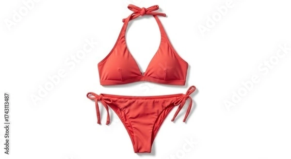 Fototapeta A terracotta-colored two-piece bikini swimsuit featuring a halter top with neck ties and a front clasp paired with tie-side briefs is displayed against a white background