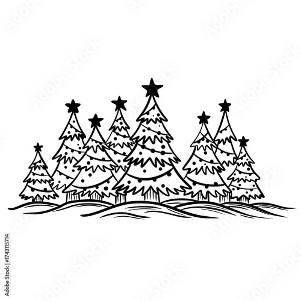 Obraz Christmas Forest Line Drawing with Stars