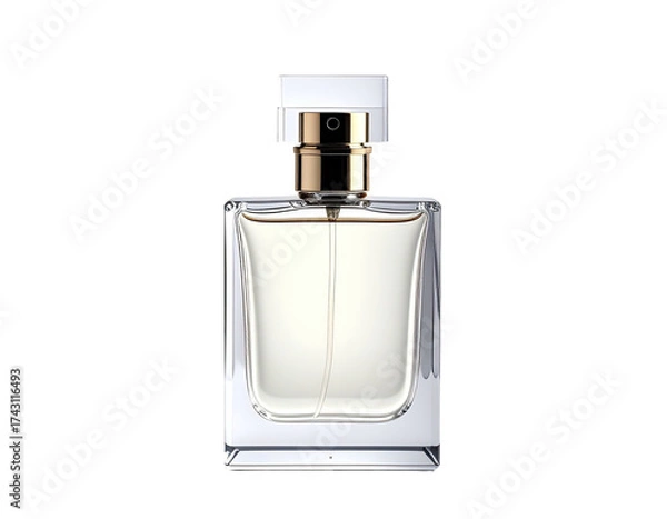 Fototapeta A square-shaped perfume bottle with a gold collar and clear cap sits centered