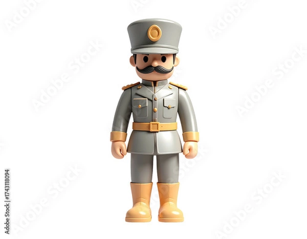 Fototapeta Cartoon soldier in a grey uniform with hat and mustache, standing alone