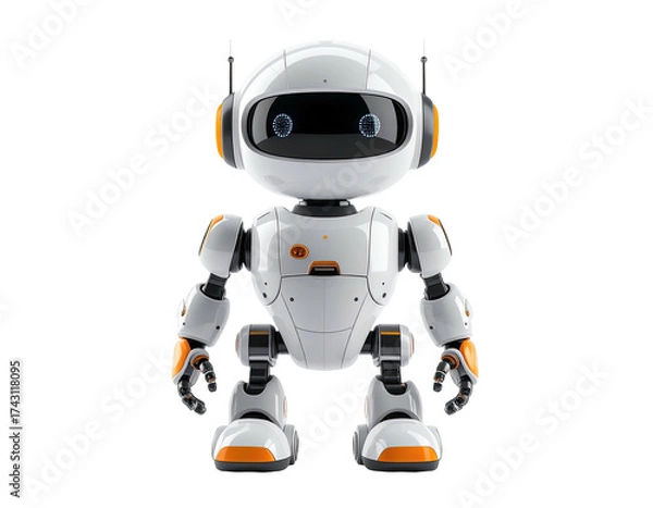 Fototapeta A friendly robot stands with orange and white accents on a black background