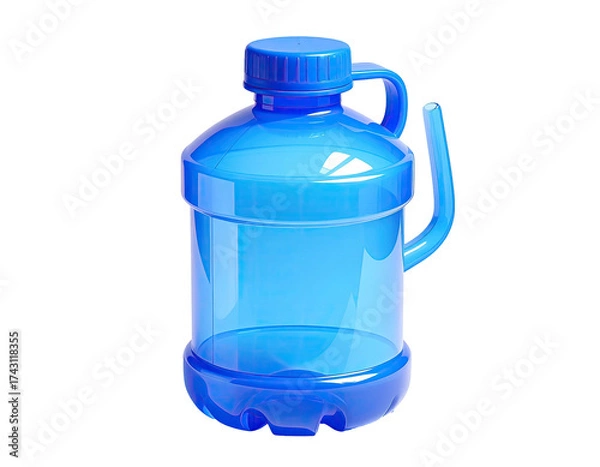 Fototapeta A transparent, blue, plastic jug with a handle and cap, isolated on black