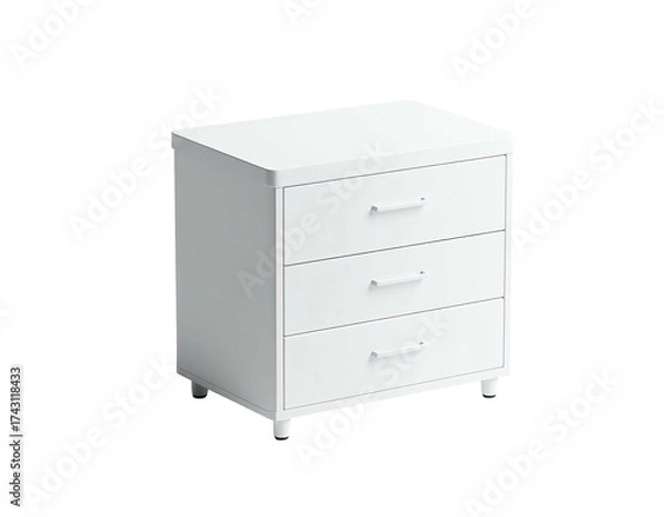 Fototapeta A white, three-drawer nightstand, simple design, with rounded corners and feet