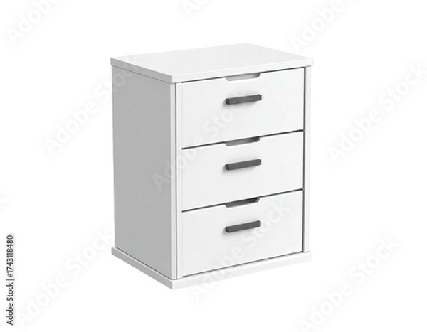 Fototapeta A white nightstand with three drawers and dark handles, against a dark background