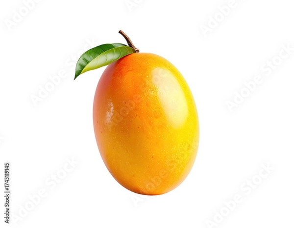 Fototapeta A ripe mango with a leaf, against a pure black background, showing vibrant colors